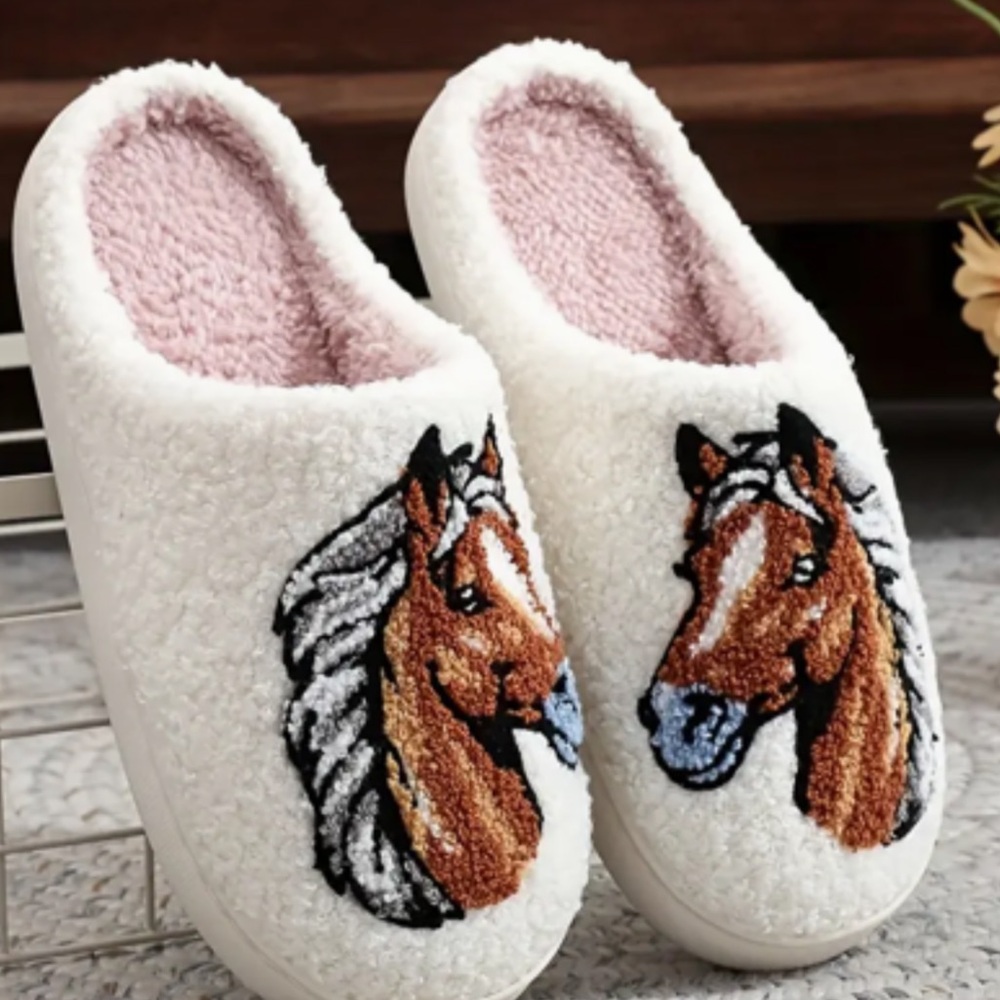 Just In NEW ! Cozy Plush White Slippers with Horse Embroidery